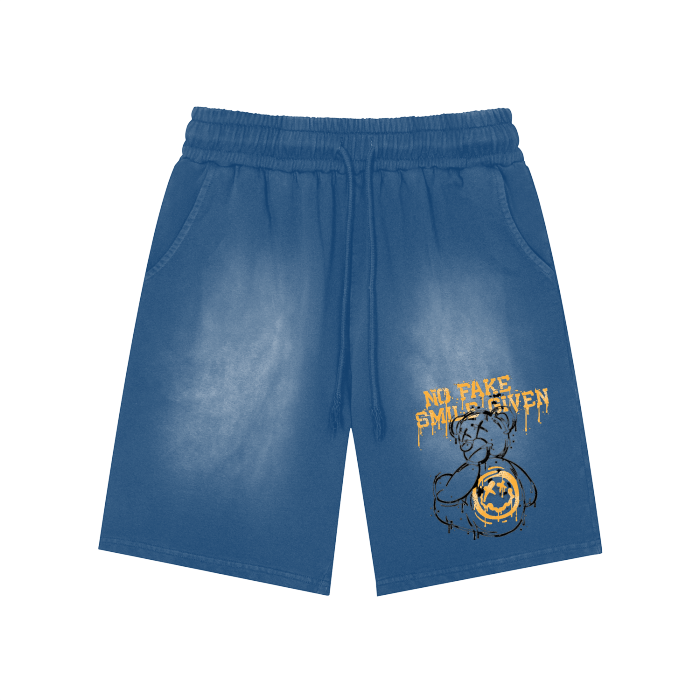 NO FAKE SMILE GIVEN Rectangle Patch Monkey Washed Shorts  - 360 GSM