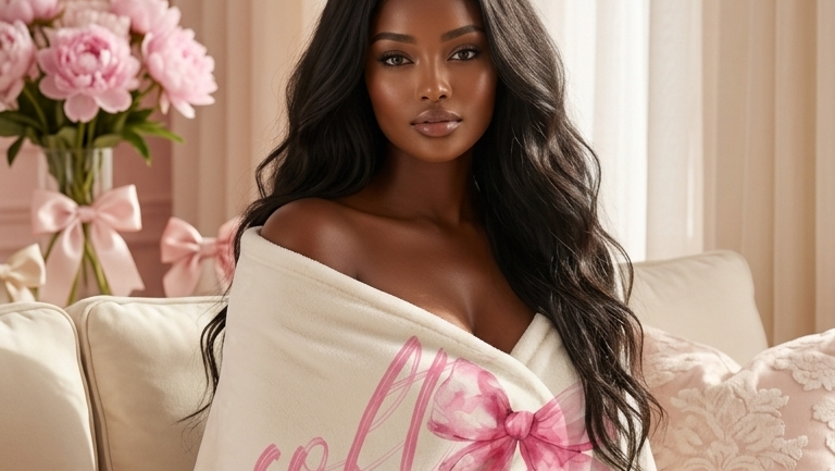 A woman sits on a cream sofa wrapped in a soft cream throw blanket with pink script reading 'soft girl' and a large pink bow. The room has warm pink walls, curtains, and matching pink floral decor.