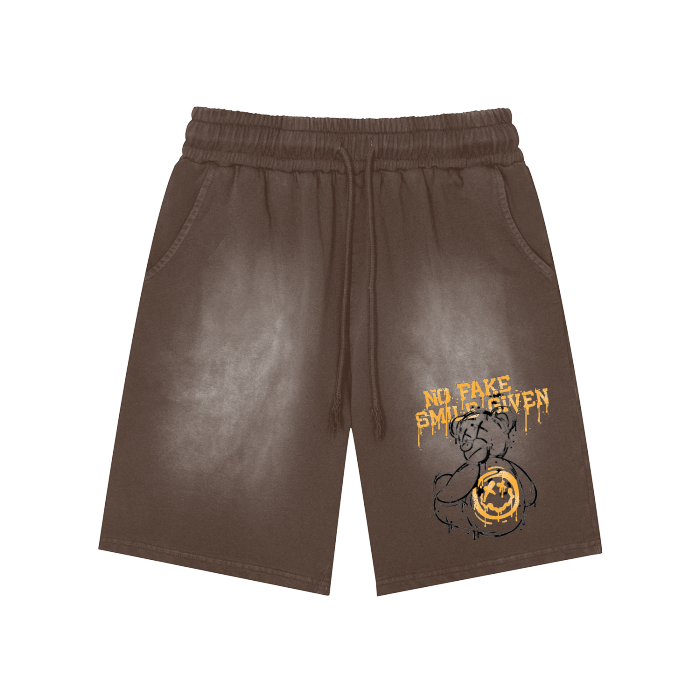 NO FAKE SMILE GIVEN Rectangle Patch Monkey Washed Shorts  - 360 GSM
