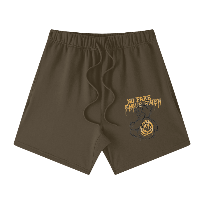 NO FAKE SMILE GIVEN Streetwear Unisex Heavyweight Earth Tone Loose Fit FOG 100% Cotton Shorts