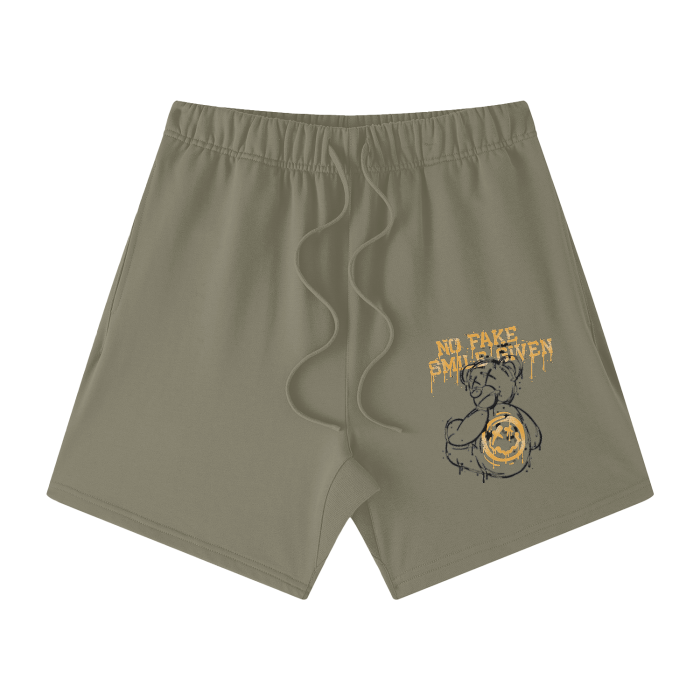 NO FAKE SMILE GIVEN Streetwear Unisex Heavyweight Earth Tone Loose Fit FOG 100% Cotton Shorts